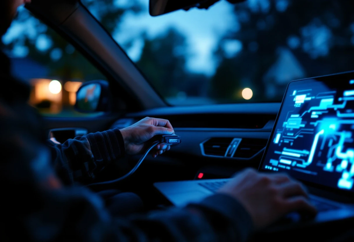 Auto Module Lab technician running a live remote J2534 flashing session on a customer's vehicle