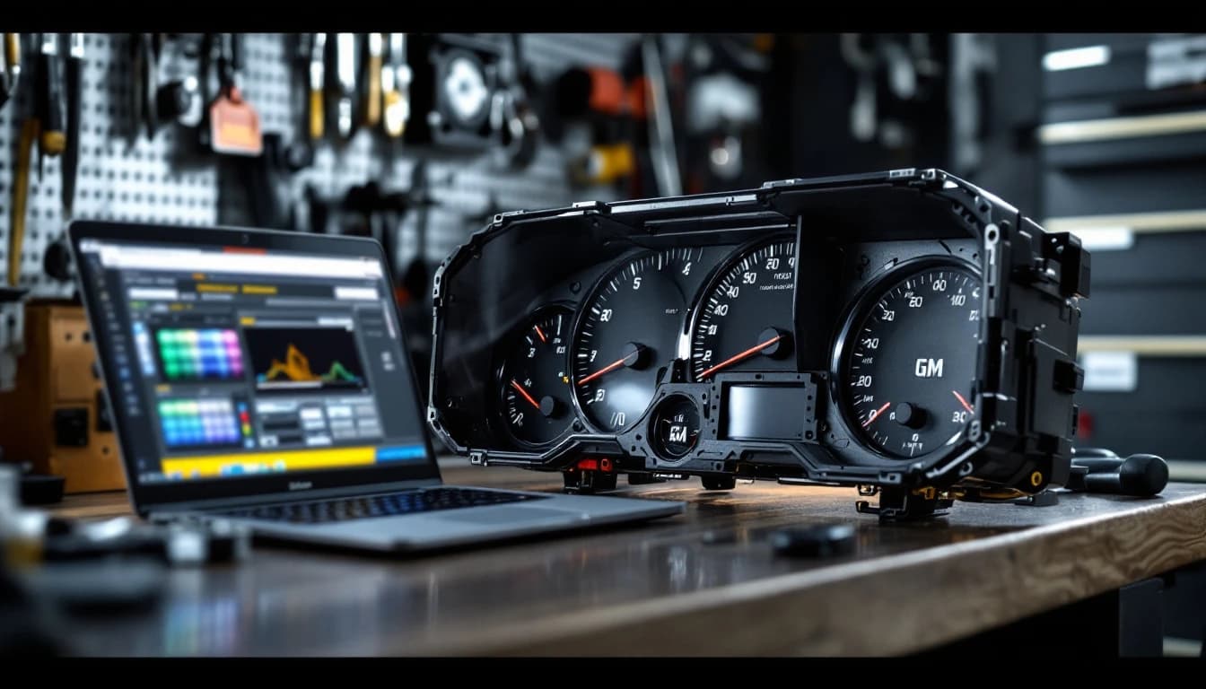 GM truck cluster on workbench beside laptop with programming software