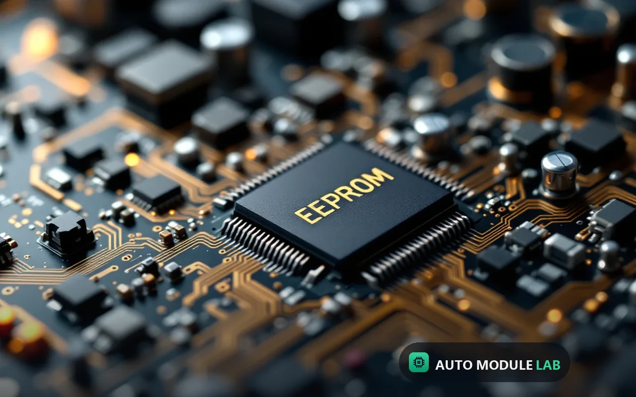 Close-up of an instrument cluster circuit board with EEPROM chip