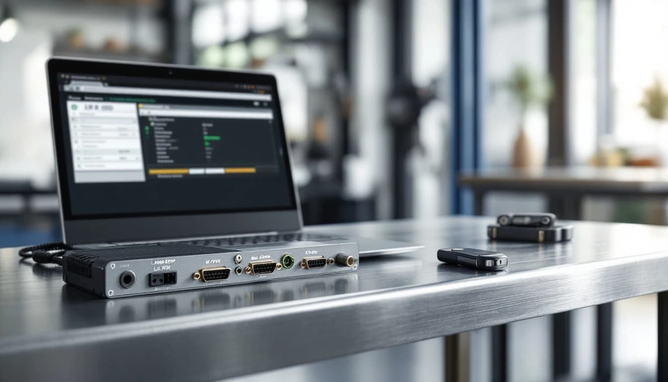 Land Rover KVM module beside laptop with JLR SDD software and key fob