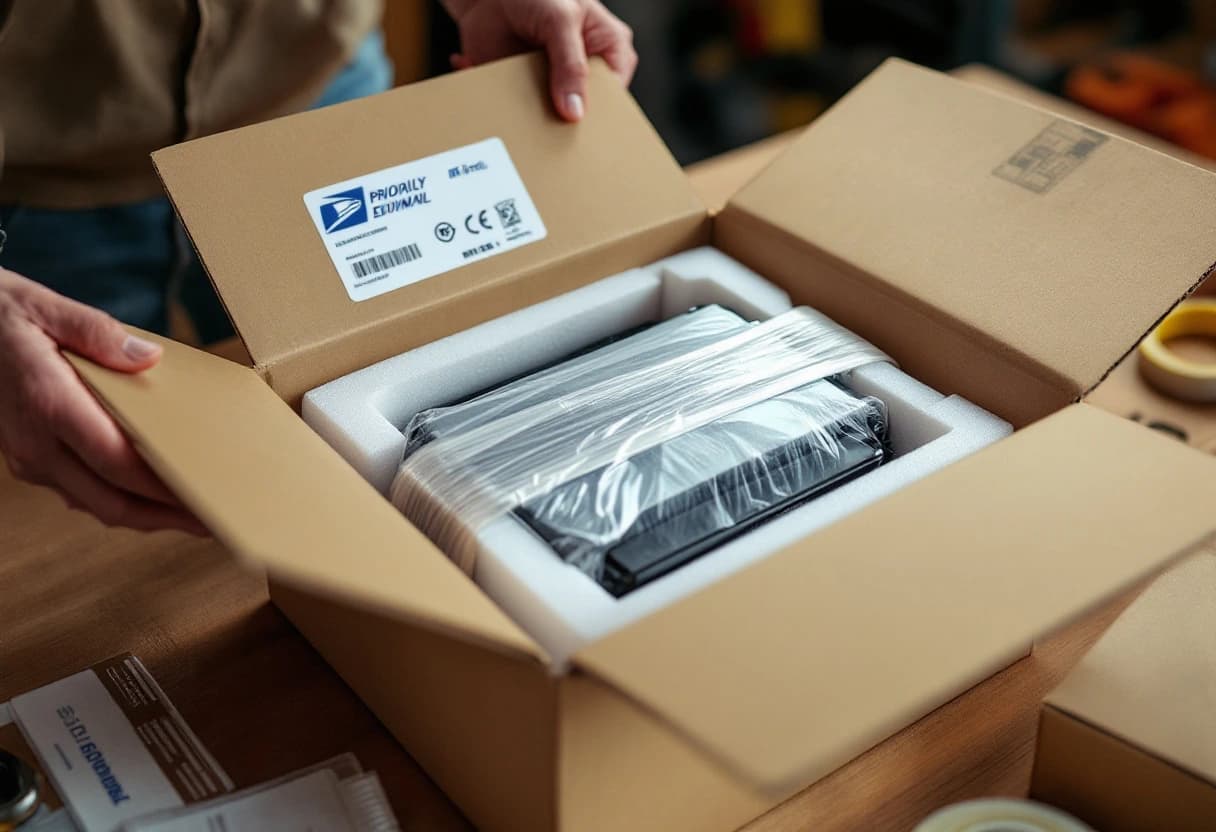 Module being packed in a shipping box with protective foam