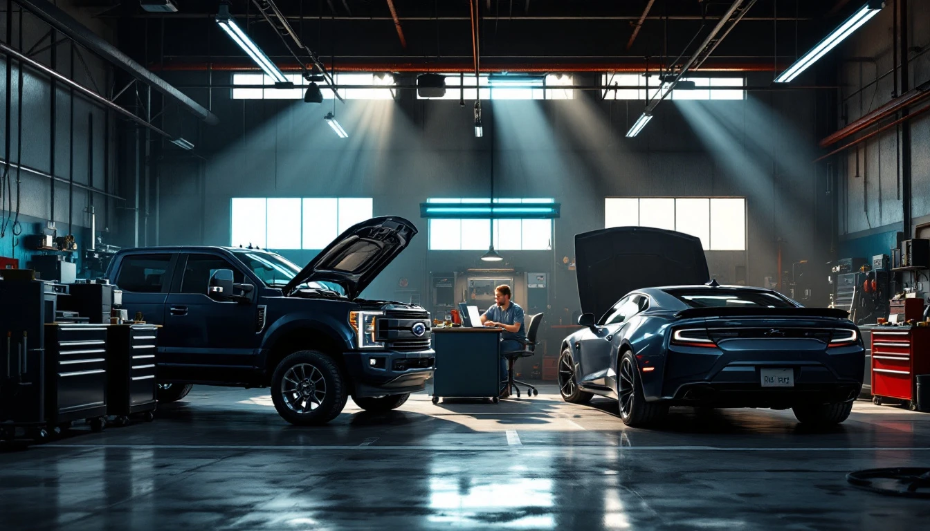 Domestic trucks and cars being serviced in an independent repair shop