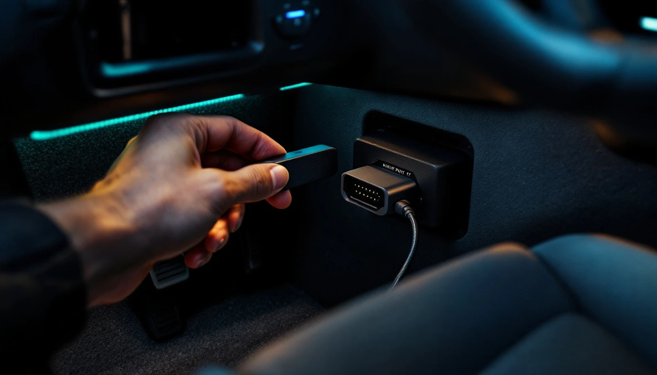 J2534 pass-thru interface connecting a vehicle to a laptop in a repair shop